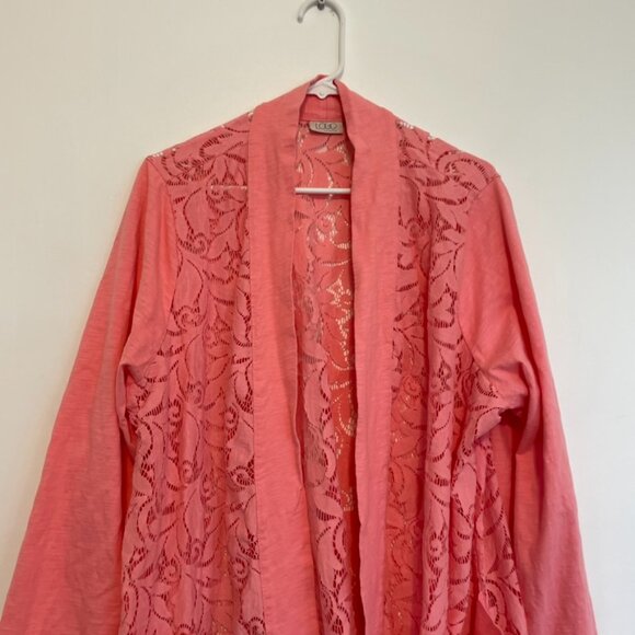 LOGO BY LORI GOLDSTEIN Plus Size Open Front Slub Cardigan w/ Lace Detail Pink 3X - Picture 5 of 14